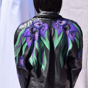Vintage 80s Erez Black Leather Jacket Bomber with Floral Accents